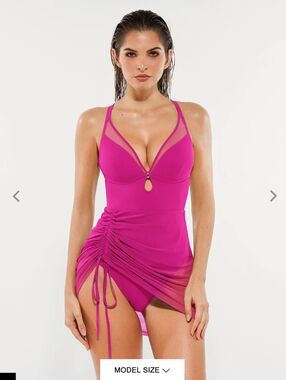 Popilush Sculpting Curve Mesh Skirt Dress One-Piece Swimsuit Fuschia Pink XL NWT